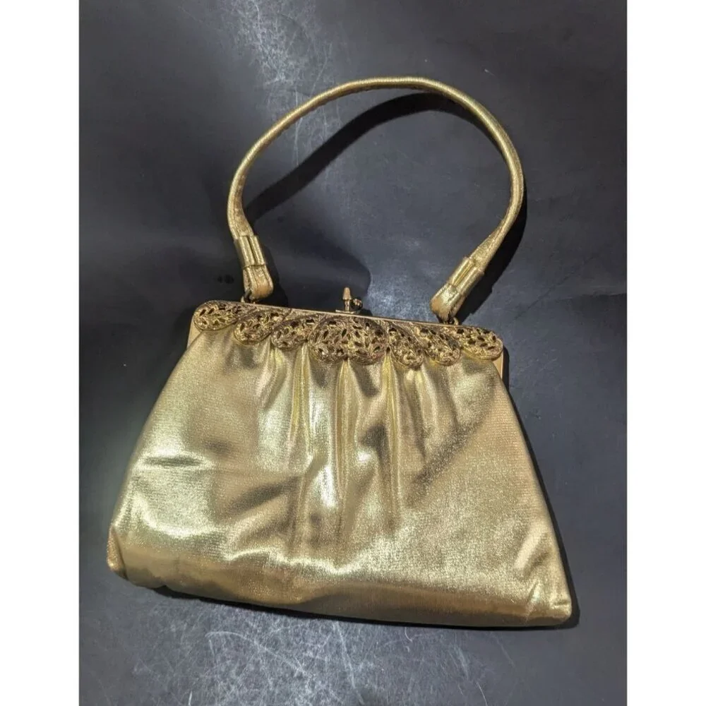 Vintage Joseph Magnin Gold Metallic Evening Purse With Ornate Frame & Satin Inte